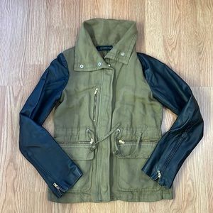 Zara Safari Military Green Leather Sleeves Jacket With Gold Hardware Womens XS